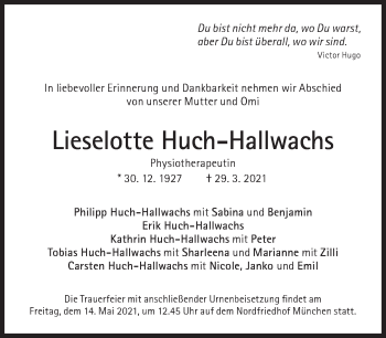Traueranzeige von Lieselotte Huch-Hallwachs von Süddeutsche Zeitung