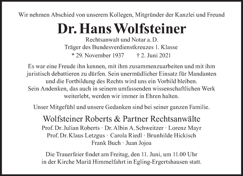  Traueranzeige für Hans Wolfsteiner vom 07.06.2021 aus Süddeutsche Zeitung