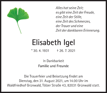 Traueranzeigen Von Elisabeth Igel SZ Gedenken De