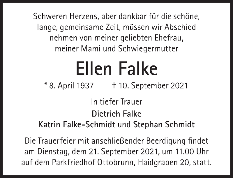 Traueranzeigen Von Ellen Falke SZ Gedenken De