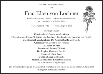 Traueranzeigen Von Ellen Von Lochner Sz Gedenken De