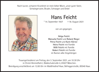 Traueranzeigen Von Hans Feicht Sz Gedenken De