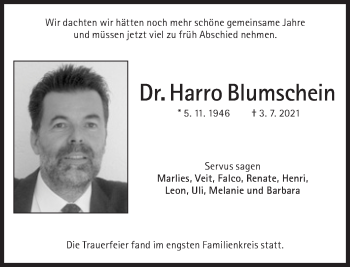 Traueranzeigen Von Harro Blumschein Sz Gedenken De