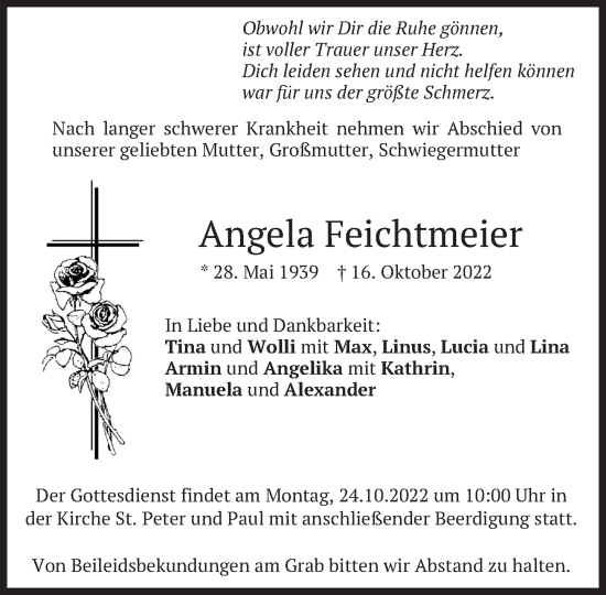 Traueranzeigen Von Angela Feichtmeier SZ Gedenken De