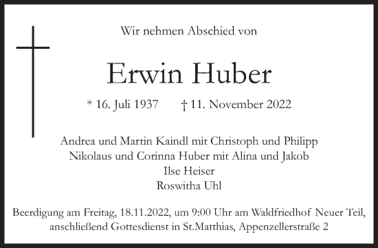 Traueranzeigen Von Erwin Huber SZ Gedenken De