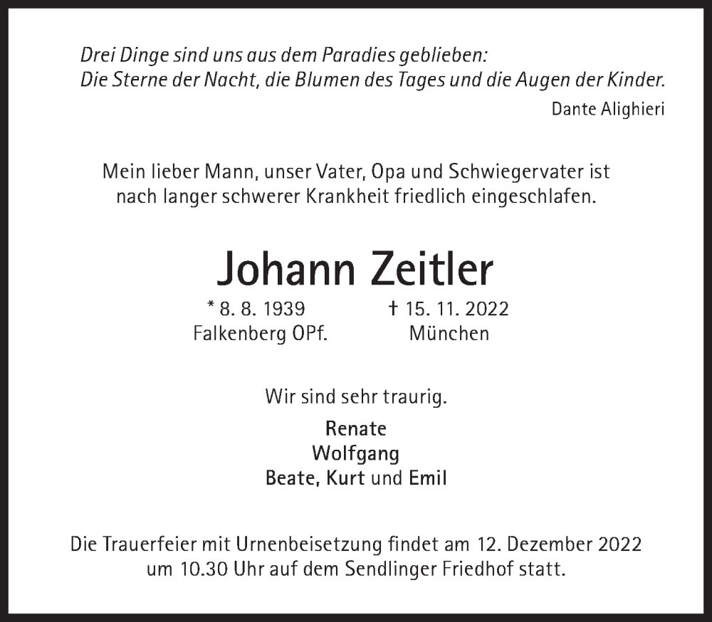 Traueranzeigen Von Johann Zeitler SZ Gedenken De