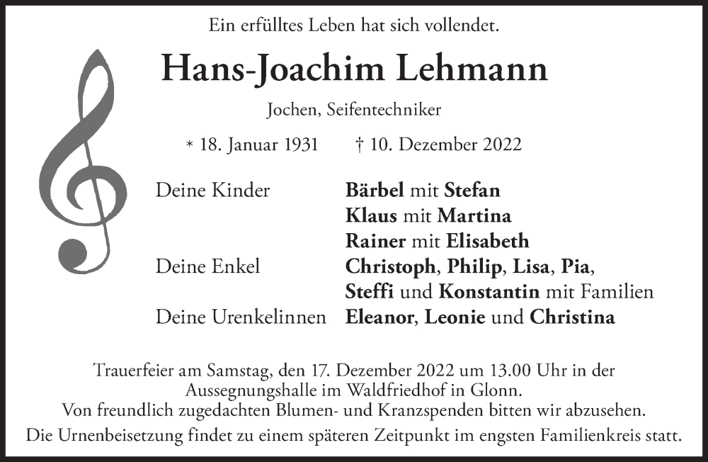 Traueranzeigen Von Hans Joachim Lehmann Sz Gedenken De