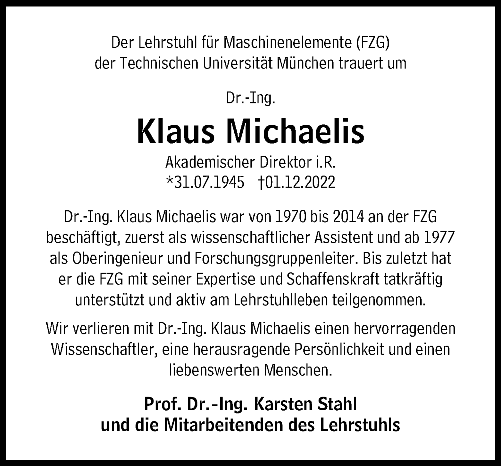 Traueranzeigen Von Klaus Michaelis SZ Gedenken De