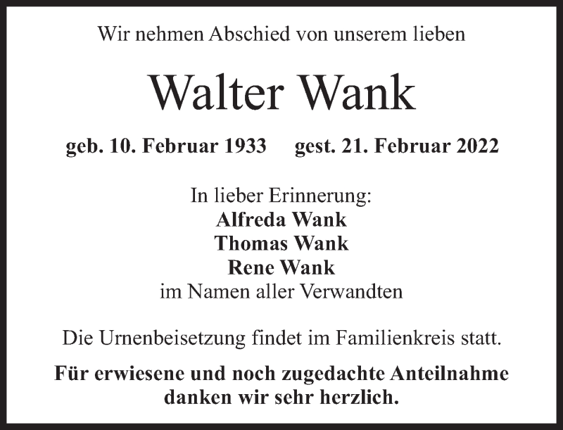 Traueranzeigen Von Walter Wank SZ Gedenken De