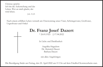 Traueranzeigen Von Franz Josef Dazert Sz Gedenken De