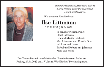 Traueranzeige von Ilse Littmann von Süddeutsche Zeitung