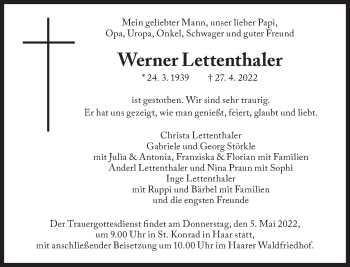 Traueranzeige von Werner Lettenthaler von Süddeutsche Zeitung