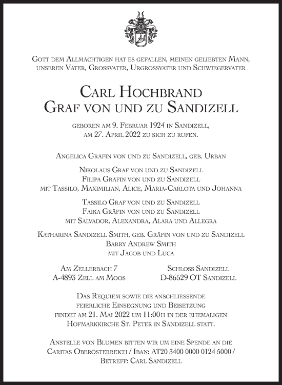 Traueranzeige von Carl Hochbrand Graf von und zu Sandizell von Süddeutsche Zeitung
