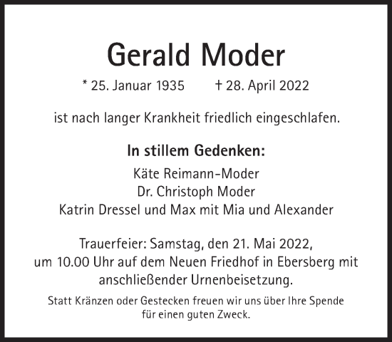 Traueranzeige von Gerald Moder von Süddeutsche Zeitung