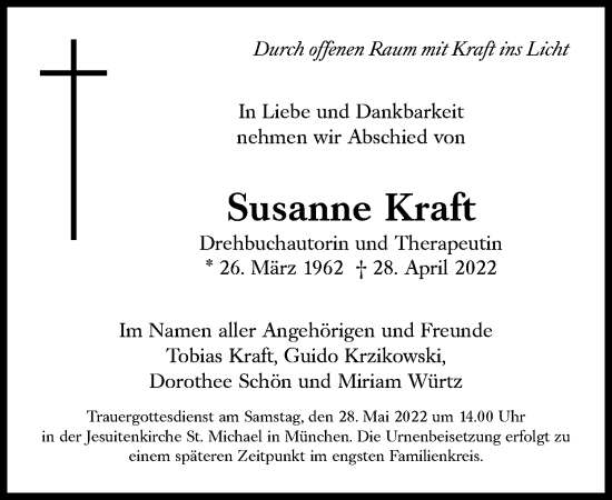 Traueranzeige von Susanne Kraft von Süddeutsche Zeitung