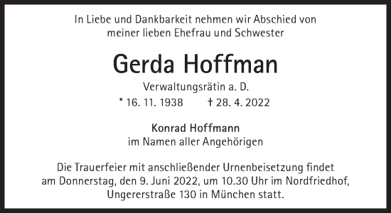Traueranzeige von Gerda Hoffmann von Süddeutsche Zeitung