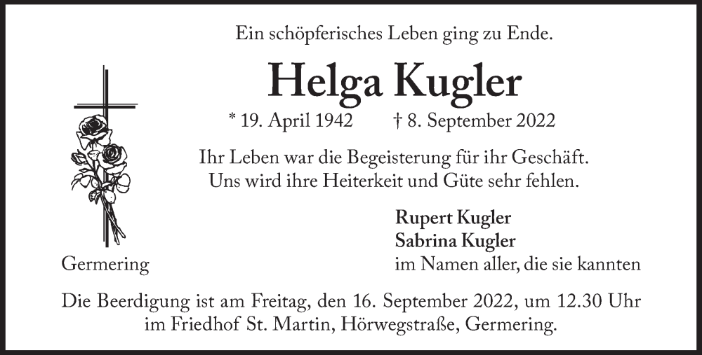 Traueranzeigen Von Helga Kugler Sz Gedenken De