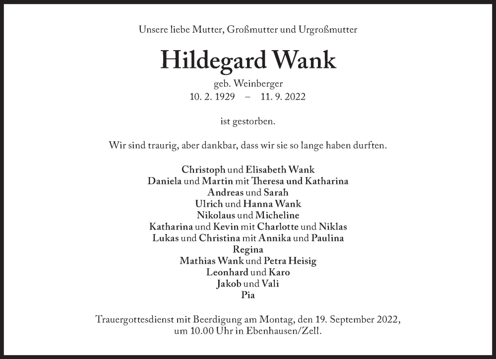 Traueranzeigen Von Hildegard Wank Sz Gedenken De