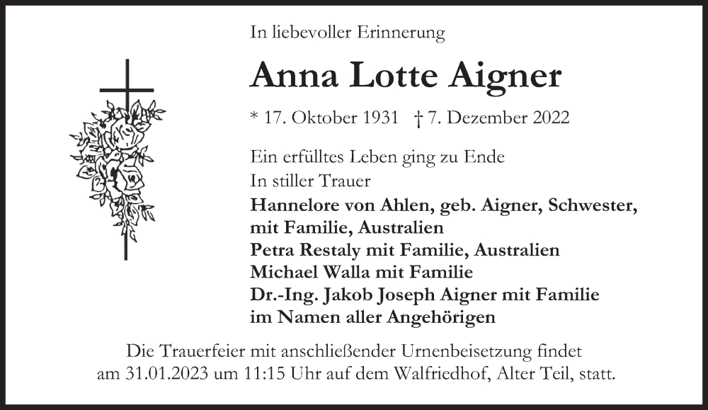 Traueranzeigen Von Anna Lotte Aigner SZ Gedenken De