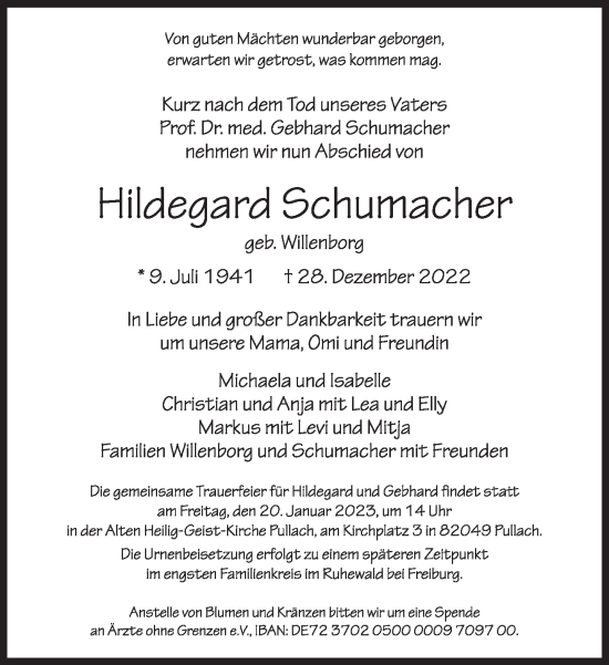 Traueranzeigen Von Hildegard Schumacher Sz Gedenken De