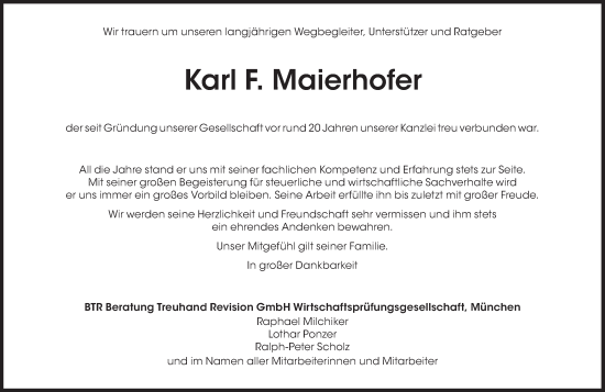 Traueranzeigen Von Karl F Maierhofer SZ Gedenken De