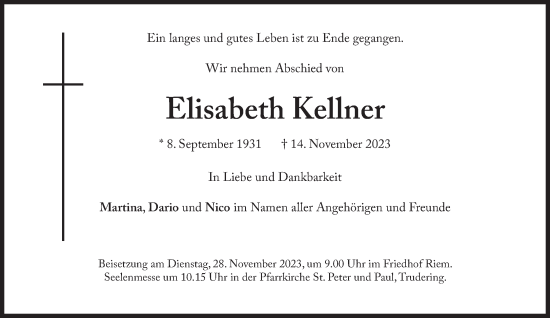 Traueranzeigen Von Elisabeth Kellner SZ Gedenken De