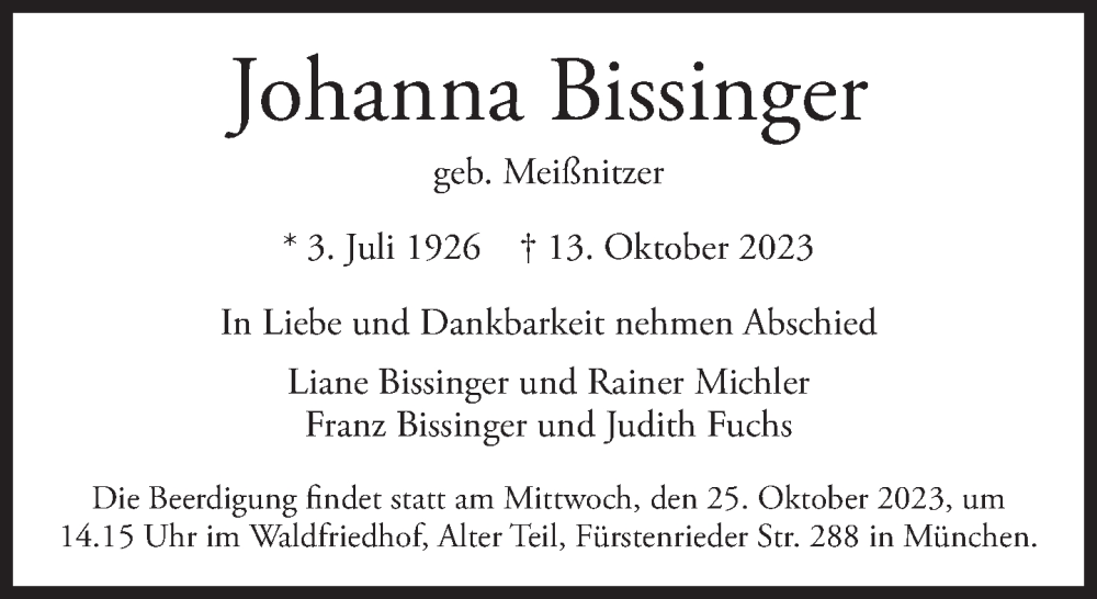 Traueranzeigen Von Johanna Bissinger SZ Gedenken De