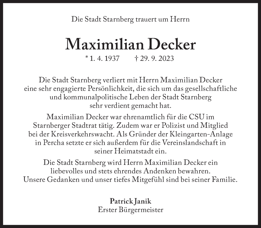 Traueranzeigen Von Maximilian Decker Sz Gedenken De