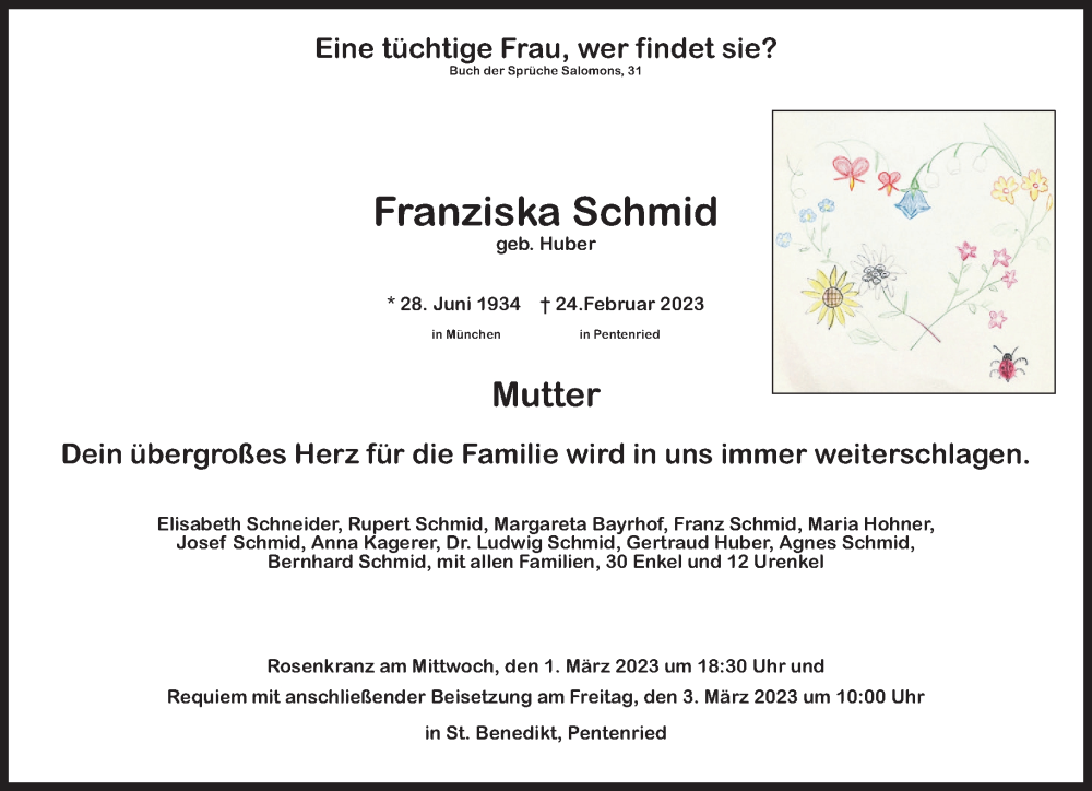 Traueranzeigen Von Franziska Schmid SZ Gedenken De