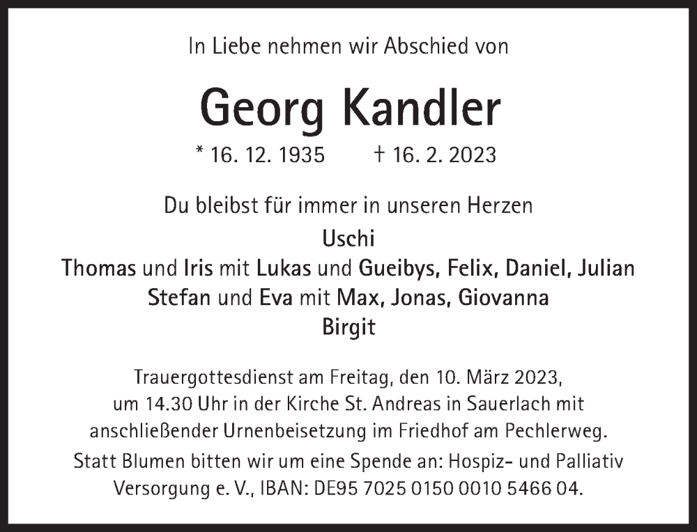 Traueranzeigen Von Georg Kandler SZ Gedenken De