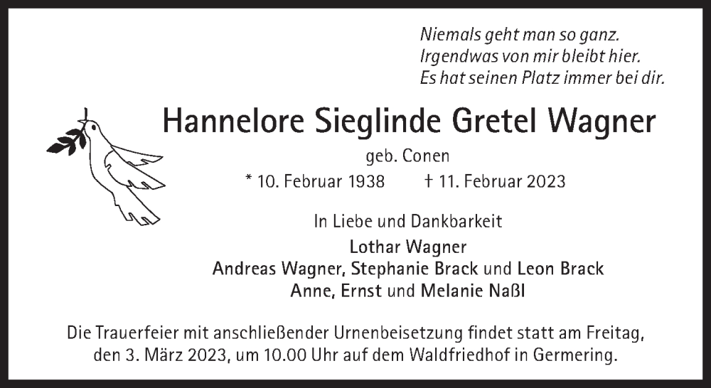 Traueranzeigen Von Hannelore Sieglinde Gretel Wagner SZ Gedenken De