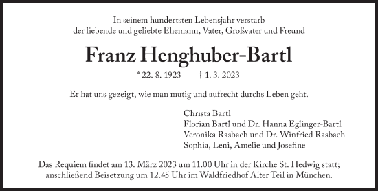 Traueranzeigen Von Franz Henghuber Bartl SZ Gedenken De