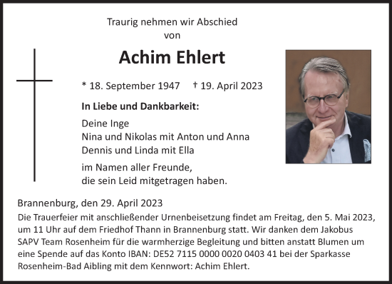 Traueranzeigen Von Achim Ehlert SZ Gedenken De