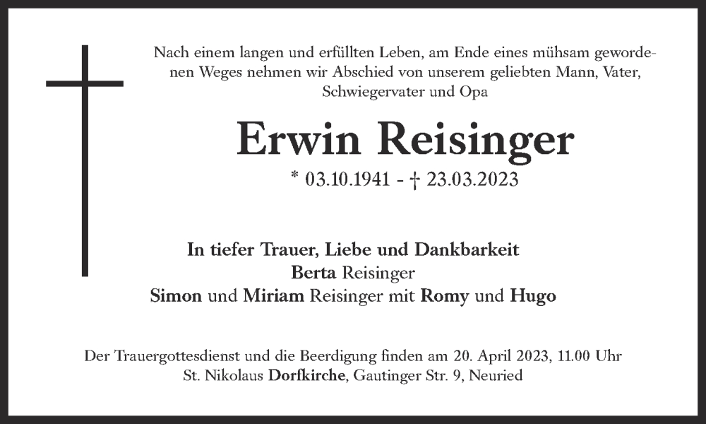 Traueranzeigen Von Erwin Reisinger SZ Gedenken De