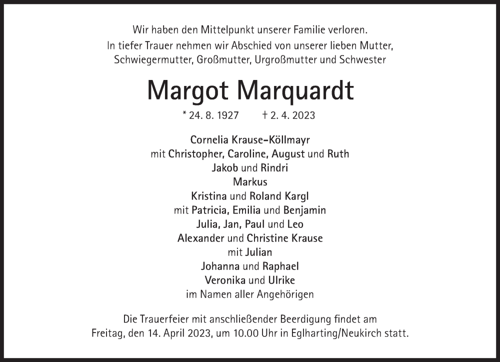 Traueranzeigen Von Margot Marquardt SZ Gedenken De