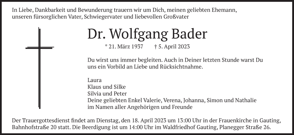 Traueranzeigen Von Wolfgang Bader Sz Gedenken De