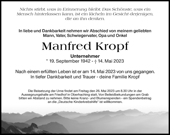 Traueranzeigen Von Manfred Kropf Sz Gedenken De