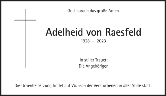 Traueranzeige von Adelheid von Raesfeld von Süddeutsche Zeitung
