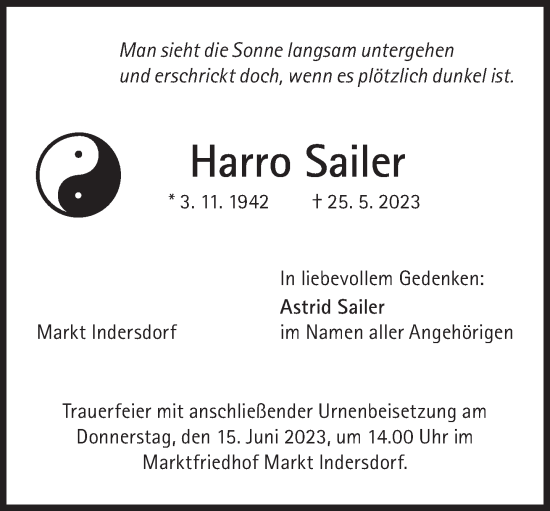 Traueranzeigen Von Harro Sailer Sz Gedenken De