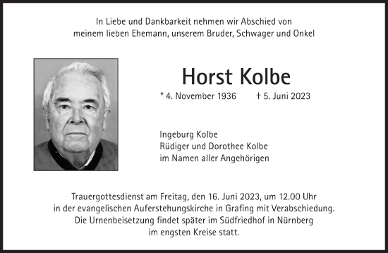 Traueranzeigen Von Horst Kolbe SZ Gedenken De