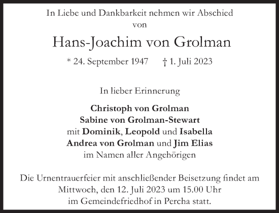 Traueranzeigen Von Hans Joachim Von Grolman SZ Gedenken De