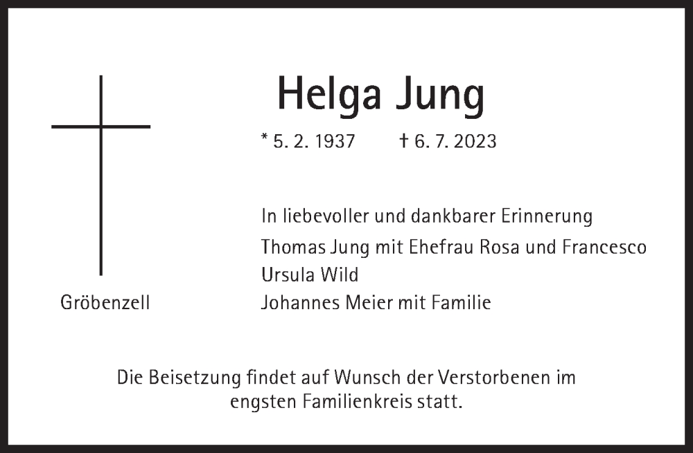 Traueranzeigen Von Helga Jung SZ Gedenken De