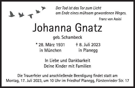 Traueranzeigen Von Johanna Gnatz SZ Gedenken De