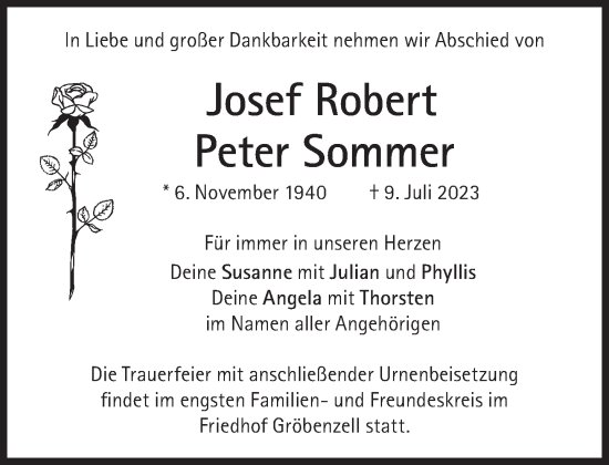 Traueranzeigen Von Josef Robert Peter Sommer Sz Gedenken De