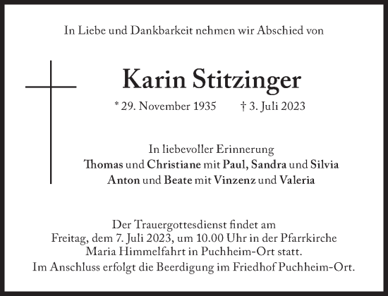 Traueranzeigen Von Karin Stitzinger SZ Gedenken De