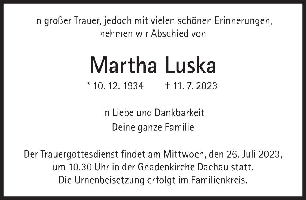 Traueranzeigen Von Martha Luska Sz Gedenken De