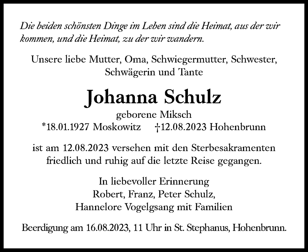 Traueranzeigen Von Johanna Schulz SZ Gedenken De