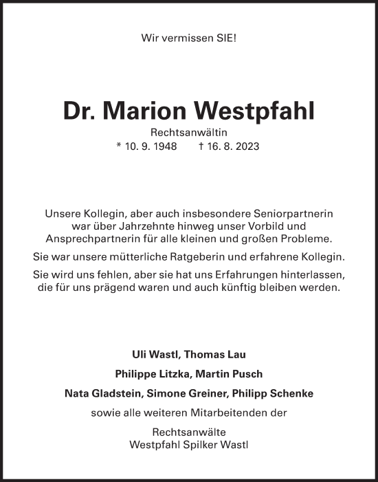 Traueranzeigen Von Marion Westpfahl Sz Gedenken De