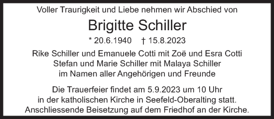 Traueranzeigen Von Brigitte Schiller Sz Gedenken De