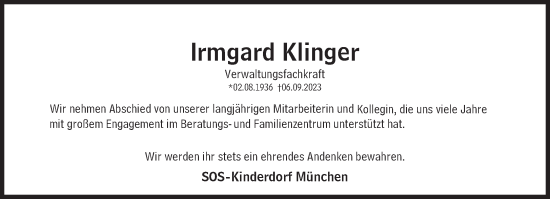 Traueranzeigen Von Irmgard Klinger Sz Gedenken De